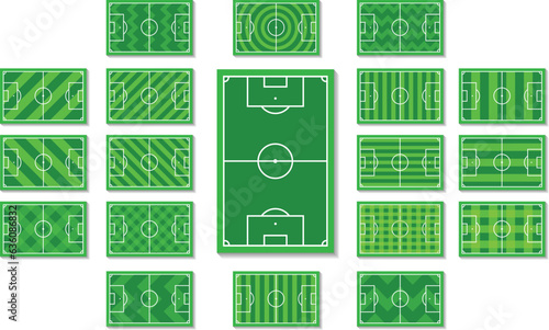 Set of football fields with different stripes patterns, motifs and grass ornaments. Assorted basic grass lines, plain, checkered, diagonal, diamond, zigzag, oval. Vector and illustration types.