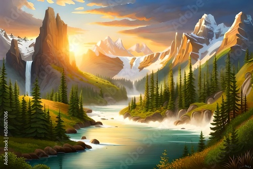 Majestic magical fantasy landscape stretches as far as the eye can see, with majestic mountains reaching toward the heavens - AI Generative © Being Imaginative
