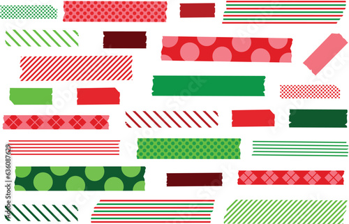 Christmas red and green washi tape strips. Semitransparent masking tape, adhesive, stickers for holiday decorations, cards, crafts, scrapbooking, and more.