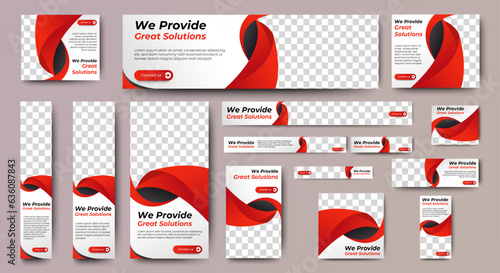 Professional business web ad banner template with photo place. Modern layout white background and Vivid red shape and text design	
