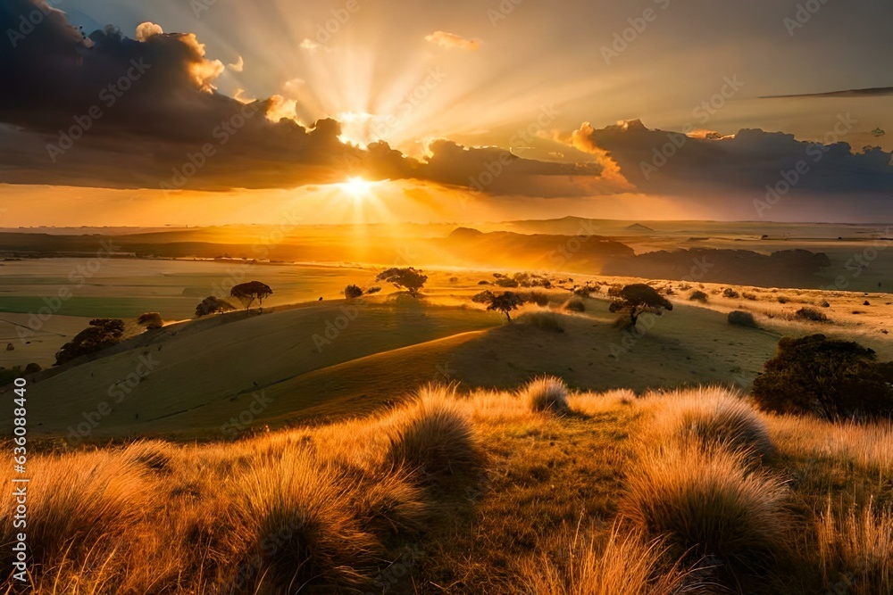 Sunrise over the savannah and grass fields with cloudy sky - AI Generative