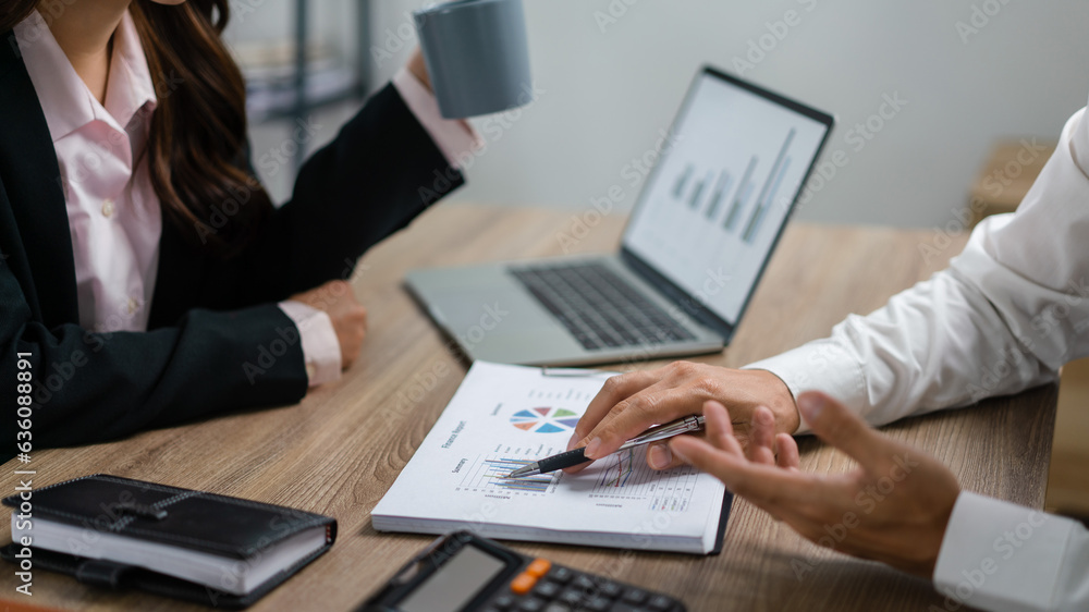 Businessman explaining financial document to brainstorming about new startup project with executive Businessman explaining financial document to brainstorming about new startup project with executive