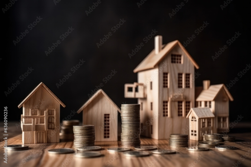 Economy and finance concept with a wooden house and money stacks on a table, representing investment and risk. AI Generative. Economy and finance concept with a wooden house and money stacks on a table, representing investment and risk. AI Generative.