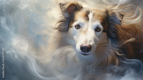 In swirling mist, a graceful collie materializes, its coat flowing elegantly, intelligent eyes reflecting kindness and a ready stance. © hmzphotostory