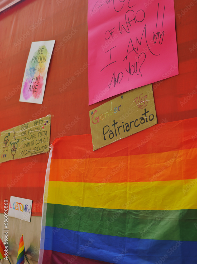 Lgbt flags and slogans on a track Lgbt flags and slogans on a track