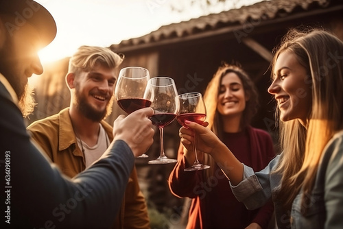 Youthful group cheering with champagne flutes at rustic winery estate - Joyful buddies celebrating evening at wine lounge eatery.