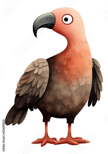Cute red head vulture cartoon character  Hand drawn watercolor isolated.