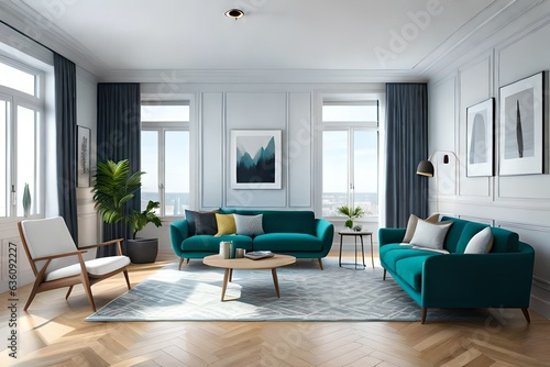 Interior design of modern scandinavian apartment, living room 3d rendering © Nyetock