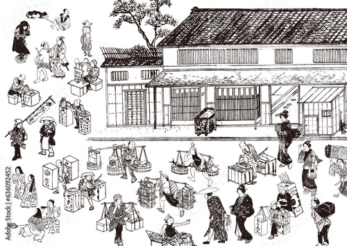 Photos 江戸時代　商人　商売　商売道具　商品　食べ物　飲食　日本人　侍　武士　農民　女中
