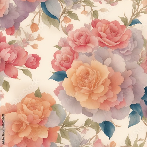 Japanese watercolor floral seamless pattern, with intricate details and elegant curves