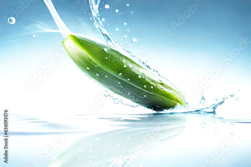 a cucumber slice dropped into water splash with droplets, blurred natural background