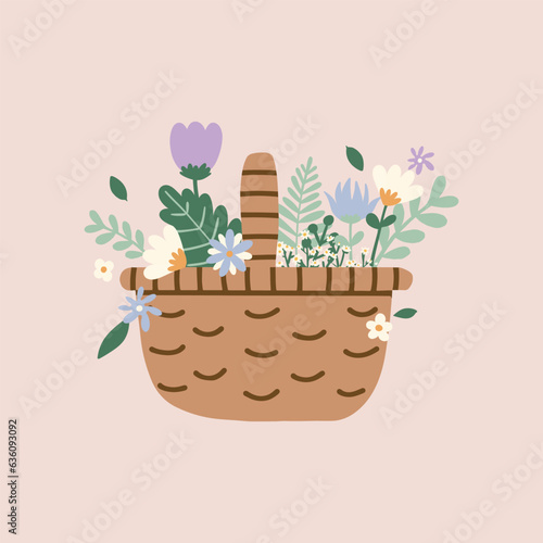 Flat hand drawn vector illustration of cute woven picnic basket with wild bouquet of flowers for autumn, spring. Decorative element for card, postcard, sticker, banner, invitation, social media poster