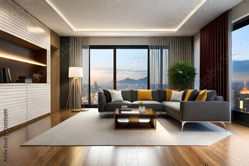 Interior of living room with sofa rendering. Modern living room