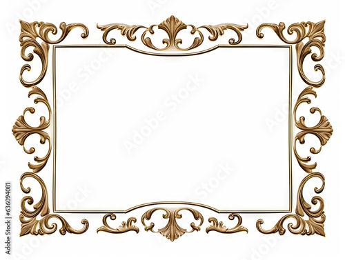 Golden frame on white background. Baroque vintage art border. Victorian ornate decor