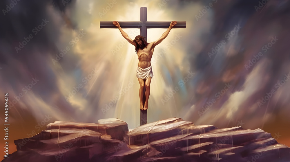 Crucifixion of Jesus Christ at the cross on the mountain. Stock Photo ...
