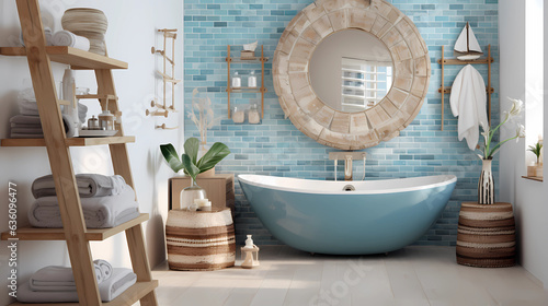 Photographie bathroom with sea-blue mosaic tiles and whitewashed wooden accents