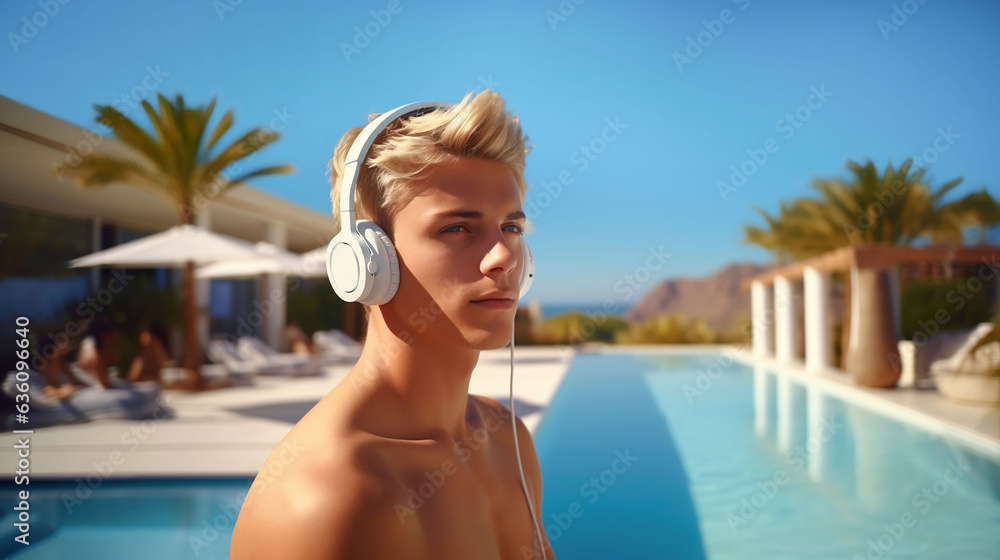 Young man listening to music with headphones at resort pool