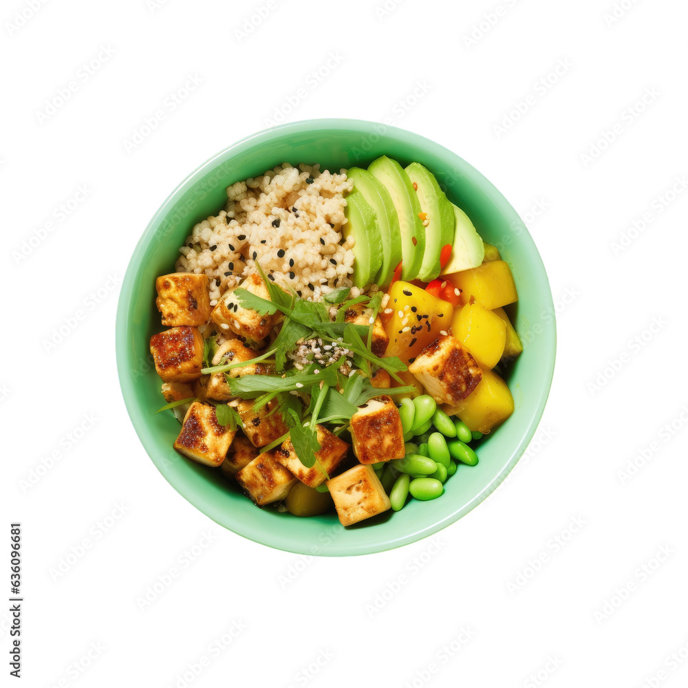 Tofu avocado mango green beans quinoa and cabbage poke bowl on transparent background Tofu avocado mango green beans quinoa and cabbage poke bowl on transparent background
