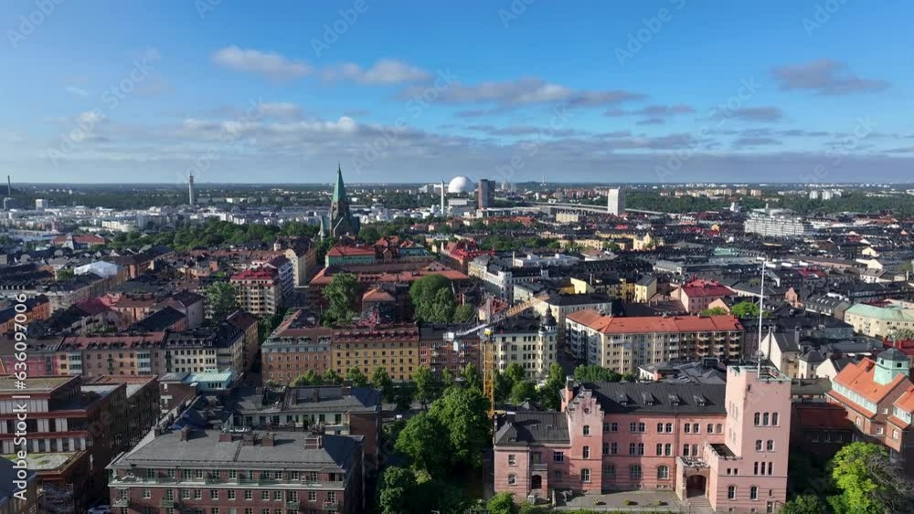 Stockholm cityscape, Sweden. Drone fly over buildings in city centre, reveal of the riverfront. Stockholm cityscape, Sweden. Drone fly over buildings in city centre, reveal of the riverfront.