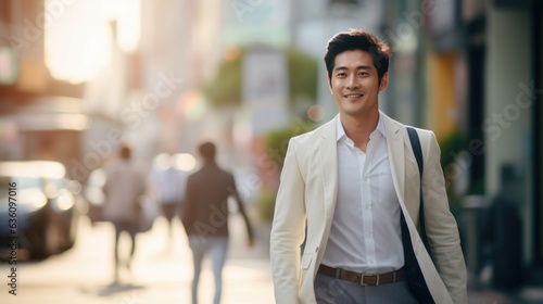 portrait of a handsome smiling young asian chinese businessman boss in a white suit walking on a city street to his company office. blurry crowdy street background. Generative AI photo