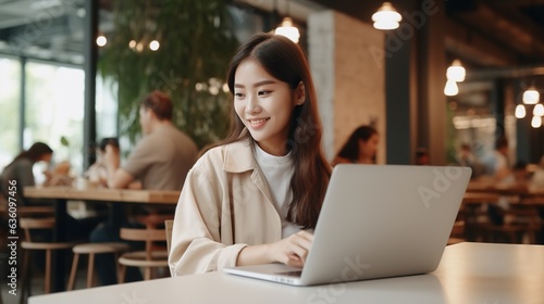 asian woman working on laptop in cafe