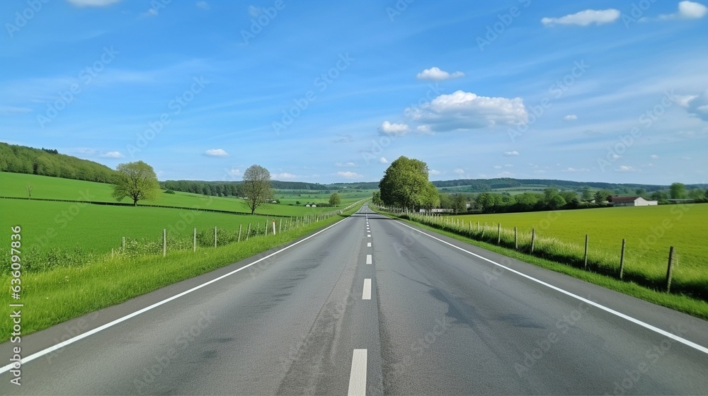 Generative AI : Asphalt road surrounded by green fields and trees Generative AI : Asphalt road surrounded by green fields and trees