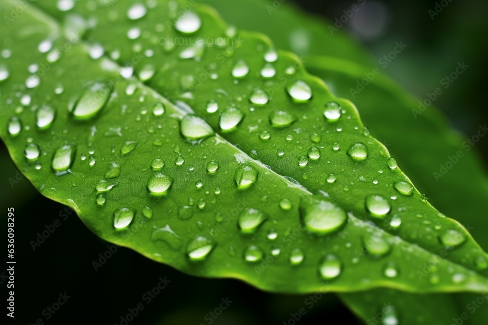 Generative AI : Bright green leaf photo with water drops in the morning Shallow depth of field Generative AI : Bright green leaf photo with water drops in the morning Shallow depth of field