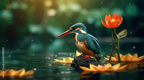 Generative AI : Common Kingfisher Alcedo atthismale relax on lotus leaf in nature photo