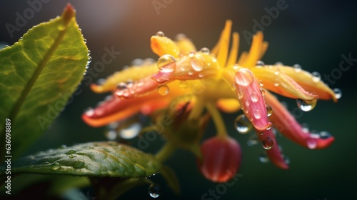 Wallpaper Mural Generative AI : Dew drops on branch with flower in the background Torontodigital.ca