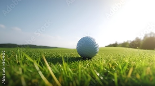 Close up of a golf ball is placed on fairway in a beautiful golf course with morning sunshine.