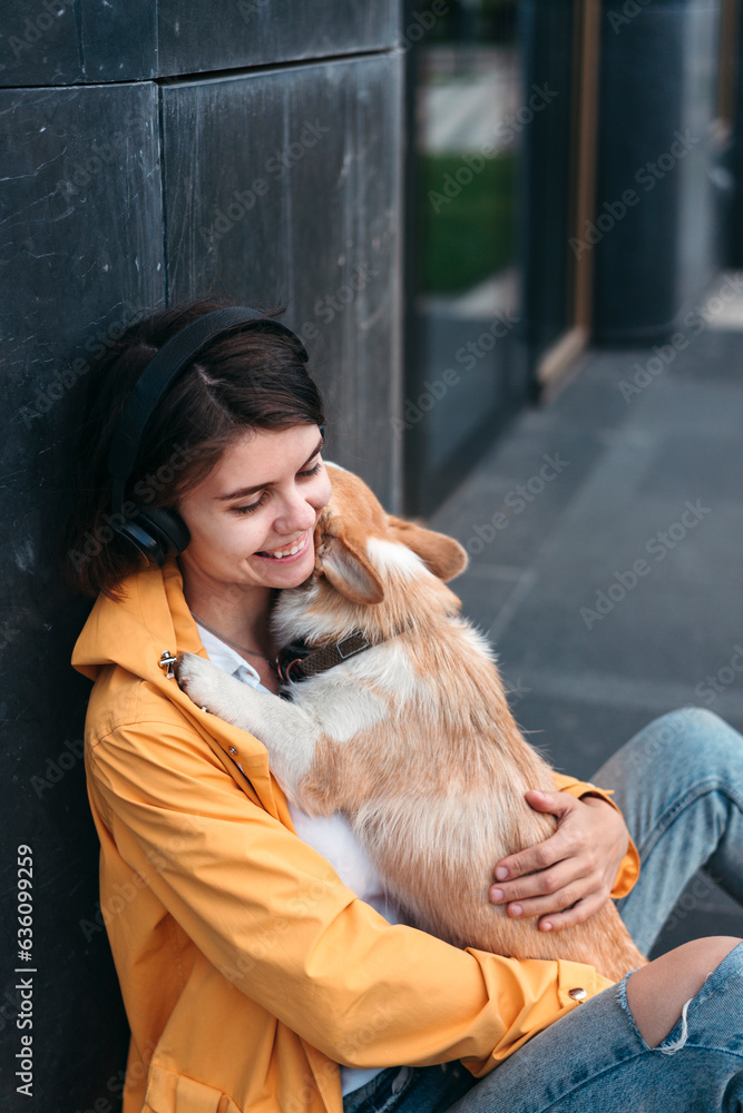 Portrait of dog and its happy owner. Portrait of dog and its happy owner.