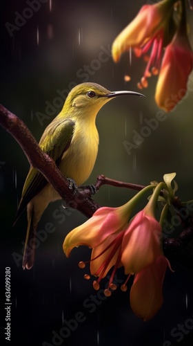 Generative AI : Beautiful bird Purple sunbird Cinnyris asiaticus standing on a branch photo