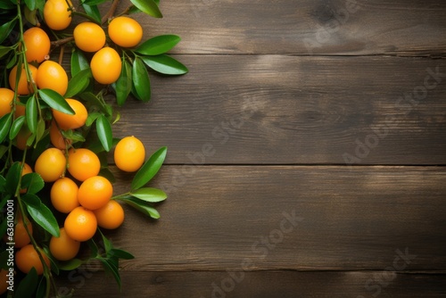 Kumquat citrus fruits on rustic wooden table top. Overhead view.