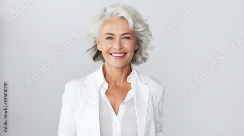 Portrait of senior businesswoman on white background. generative ai