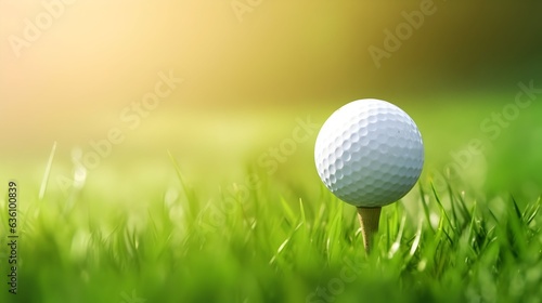 Close up view of a golf ball is placed on the tee in a beautiful golf course with morning sunshine.Ready for golf in the first short.