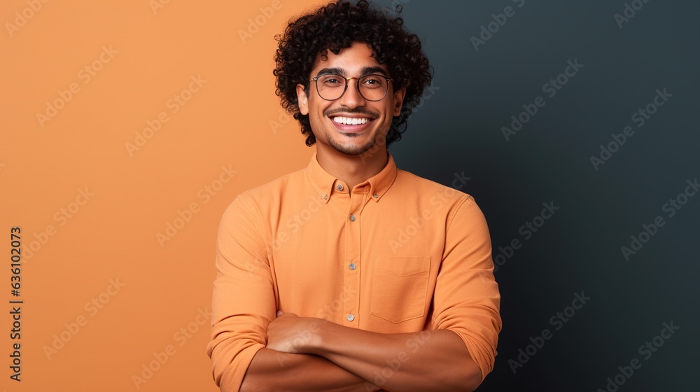 Obraz premium Confident businessman with short dark hair smiles in a casual headshot portrait