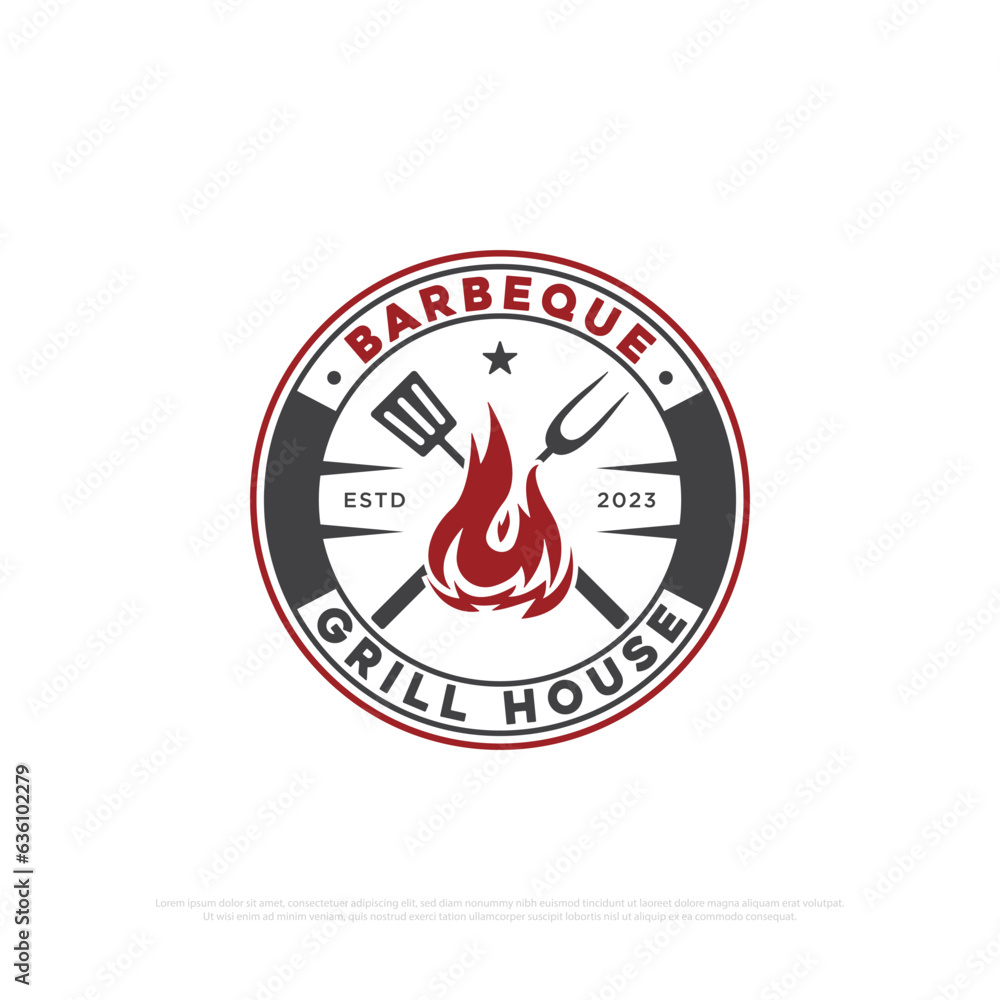 Hot grill barbecue logo design badge, retro grill house and bar vector illustrations emblem template Hot grill barbecue logo design badge, retro grill house and bar vector illustrations emblem template