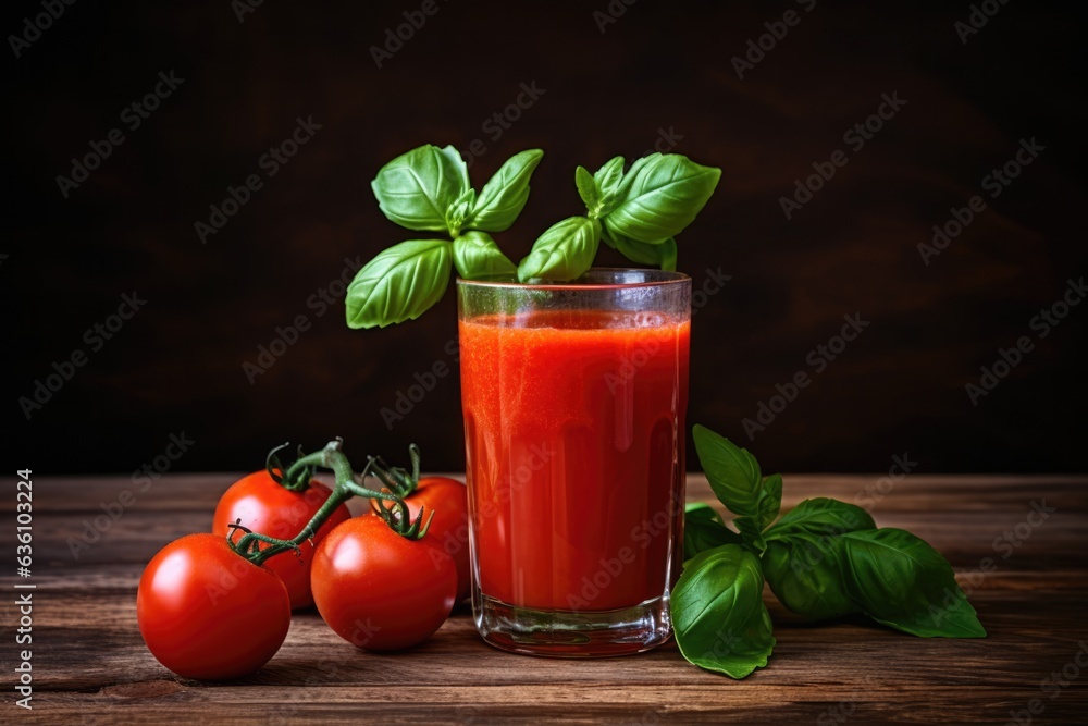 Tomato juice in glass on rustic wooden table top, close up view. Tomato juice in glass on rustic wooden table top, close up view.