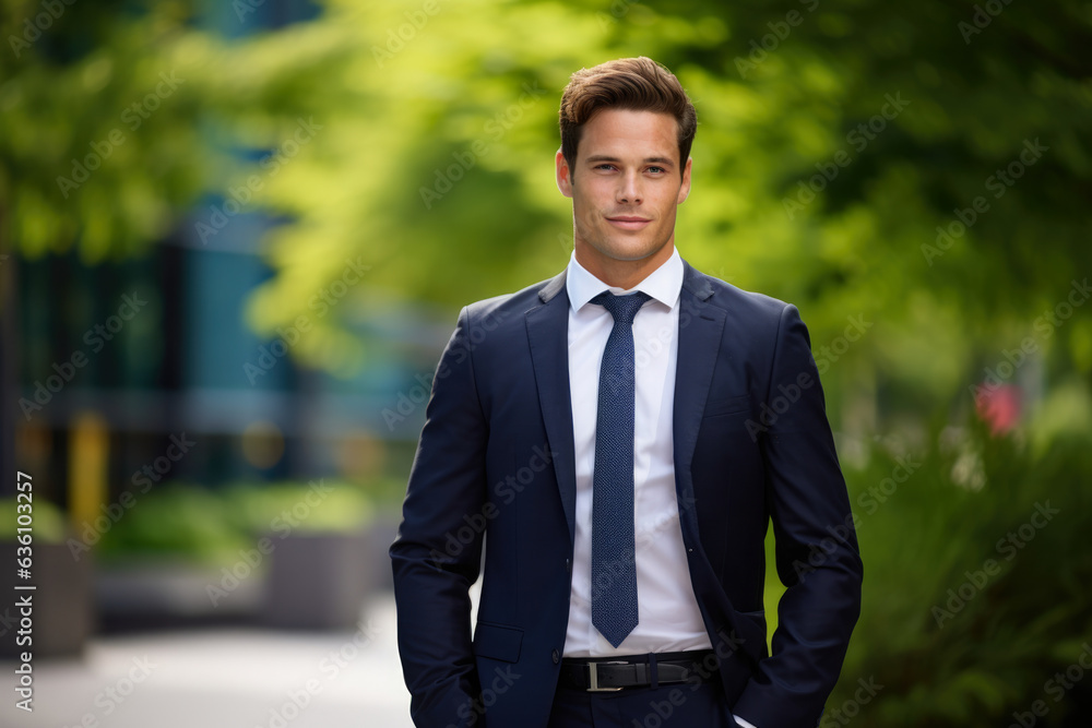A Confident Businessman Embracing Nature's Serenity amidst Towering Skyscrapers A Confident Businessman Embracing Nature's Serenity amidst Towering Skyscrapers