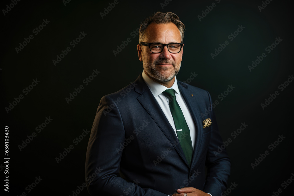 Confident and Polished Executive Portrait: A Sophisticated Man in a Sharp Suit with a Green Necktie, Beard, and Glasses, exuding Leadership and Professionalism on a Black Background Confident and Polished Executive Portrait: A Sophisticated Man in a Sharp Suit with a Green Necktie, Beard, and Glasses, exuding Leadership and Professionalism on a Black Background