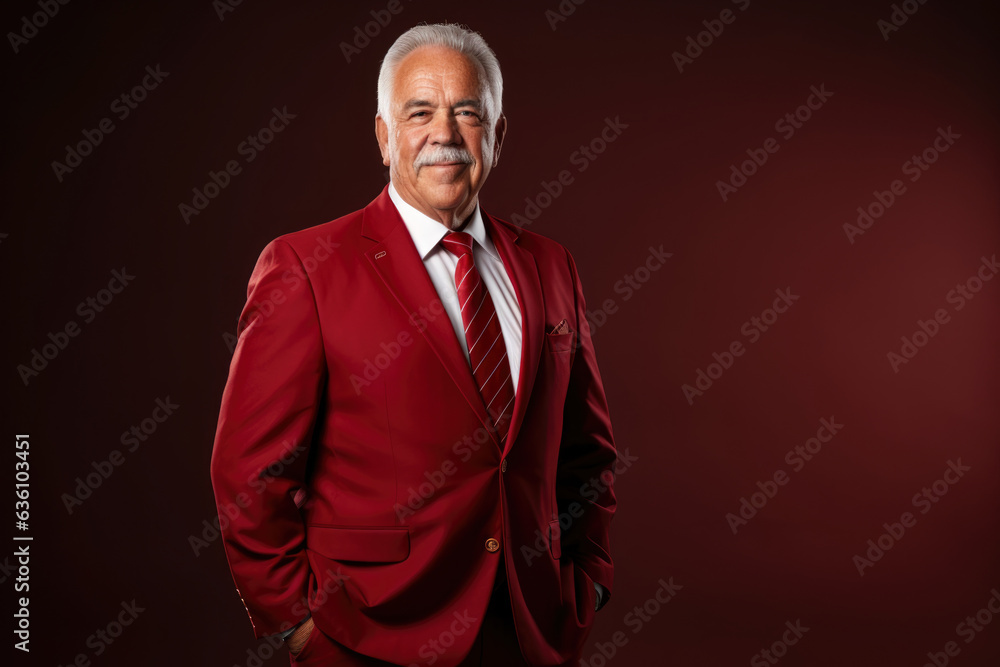 Fototapeta premium Distinguished Business Executive Poses with Confidence and Professionalism against a Rich Maroon Backdrop