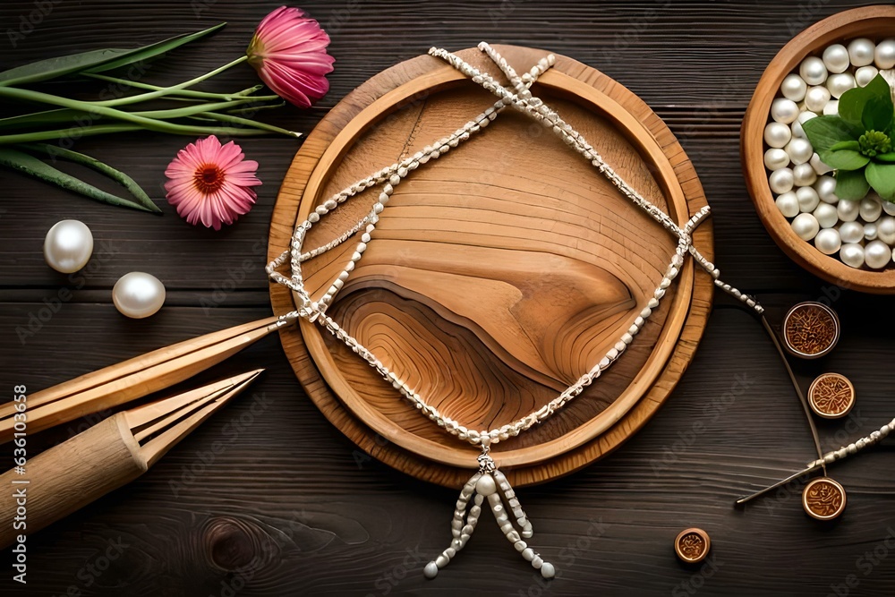 A top view of a rustic wooden table with a necklace made by flowers and pearls - AI Generative A top view of a rustic wooden table with a necklace made by flowers and pearls - AI Generative