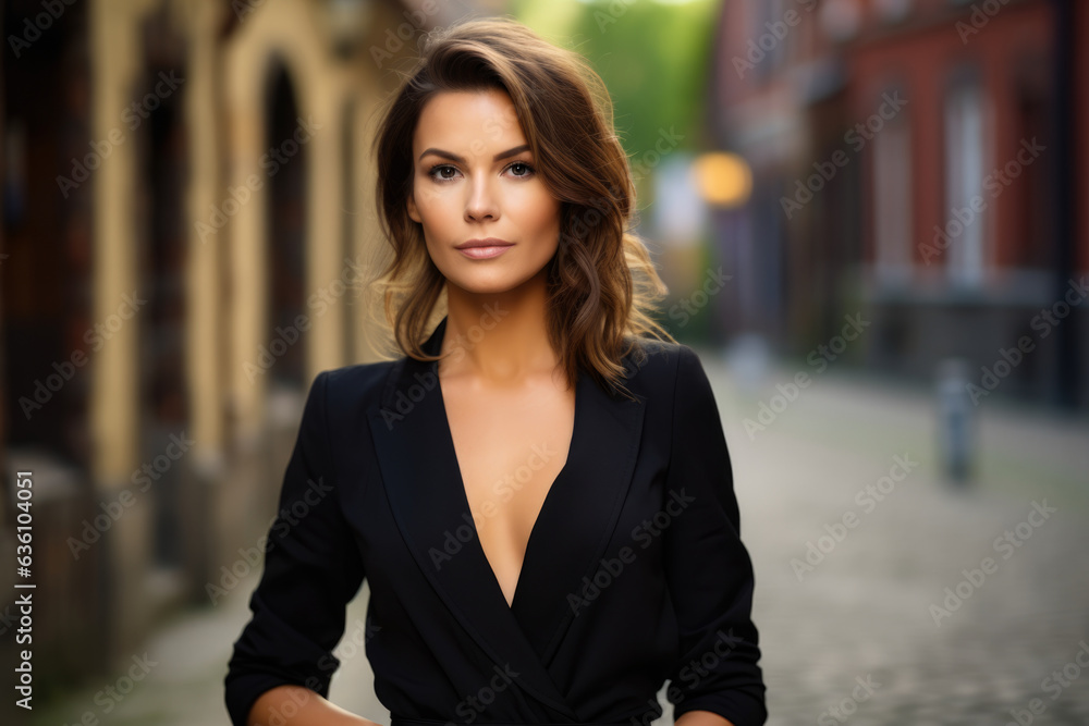 Captivating Beauty: A Sophisticated Woman in a Classy Black Suit, Standing Confidently on a Serene Cobblestone Road with Poise and Style Captivating Beauty: A Sophisticated Woman in a Classy Black Suit, Standing Confidently on a Serene Cobblestone Road with Poise and Style