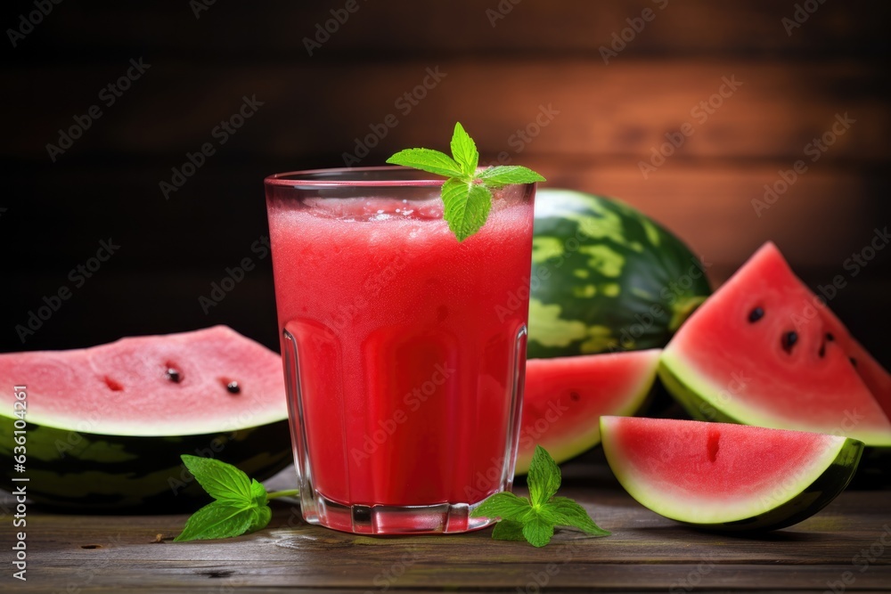 Watermelon juice in glass on rustic wooden table top, close up view. Watermelon juice in glass on rustic wooden table top, close up view.