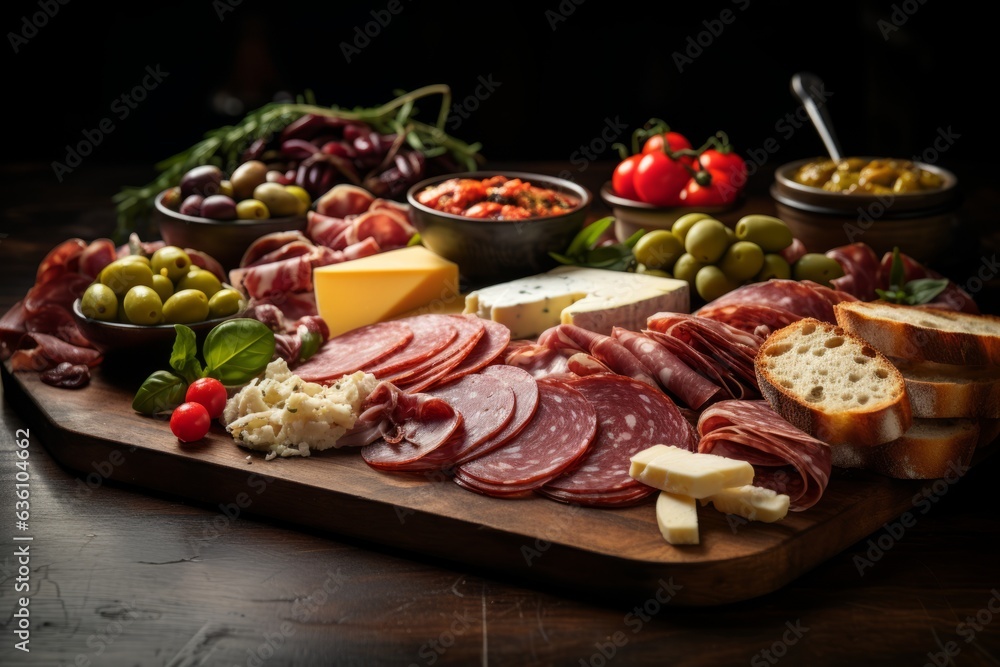 Mouthwatering Platter of Antipasti with Cured Meats, Cheeses, Olives, and Bruschetta, Generative AI