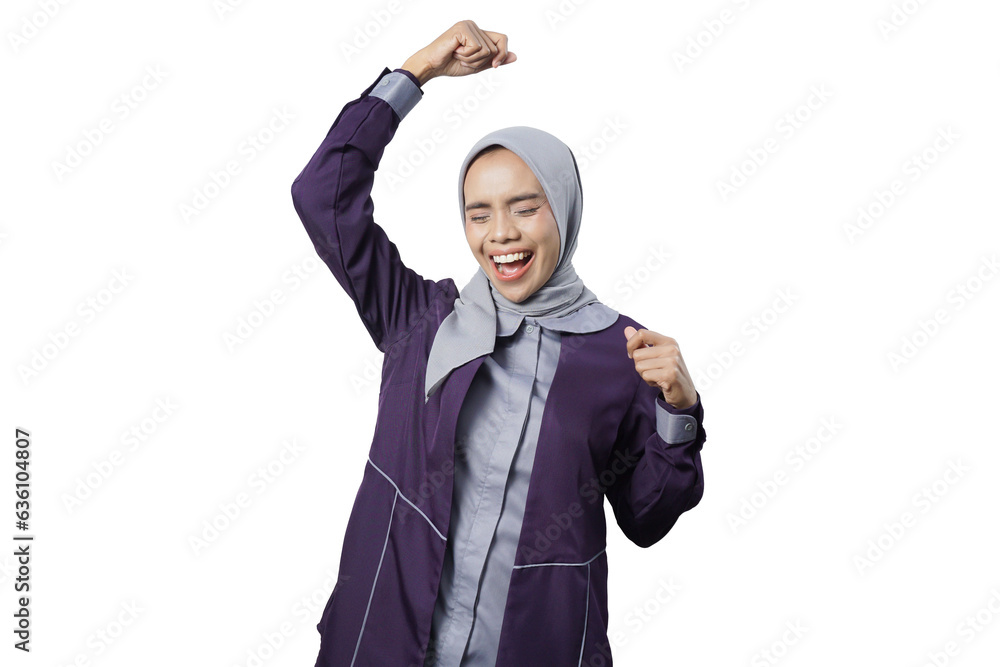 Pleased beautiful Asian woman in casual shirt raises her arms and dances to favorite music Pleased beautiful Asian woman in casual shirt raises her arms and dances to favorite music