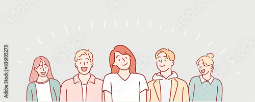 Happy positive people, group. Hand drawn style vector design illustrations.