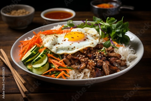 Mouthwatering Plate of Bibimbap (Mixed Rice with Sssorted Toppings), Generative AI