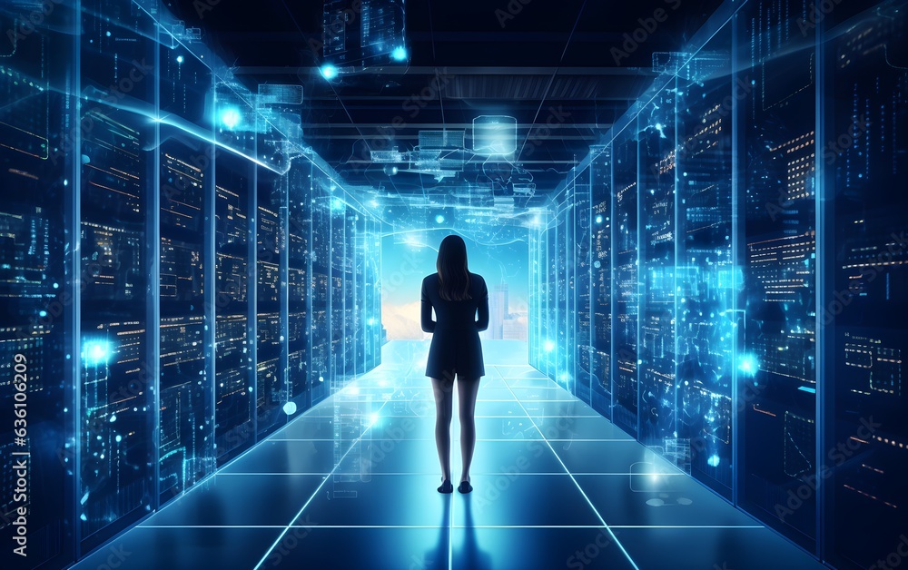 Rear view of a businesswoman looking at data center in a server room Rear view of a businesswoman looking at data center in a server room