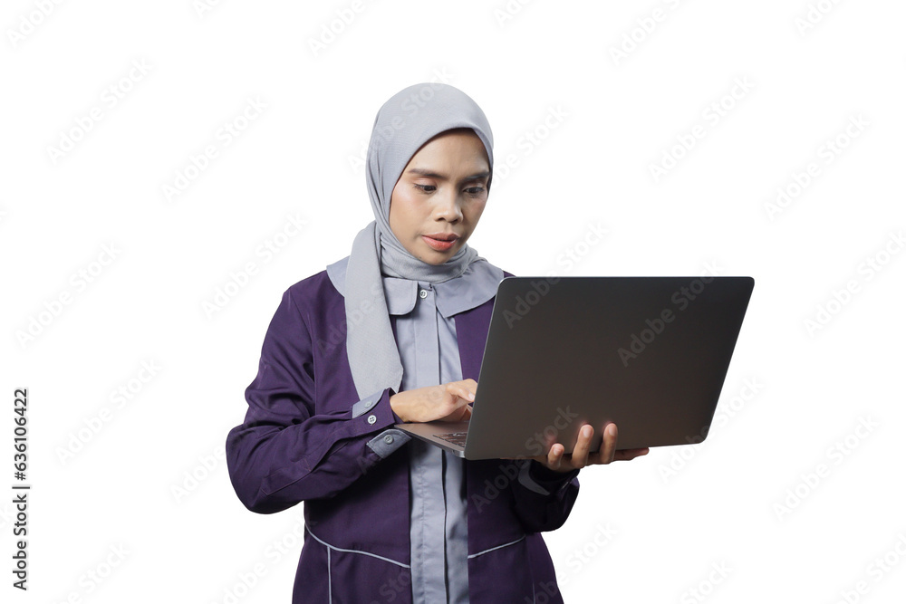 Confident business asian woman isolated in studio shot, Portrait of professional working people holding laptop computer with copy space. Confident business asian woman isolated in studio shot, Portrait of professional working people holding laptop computer with copy space.